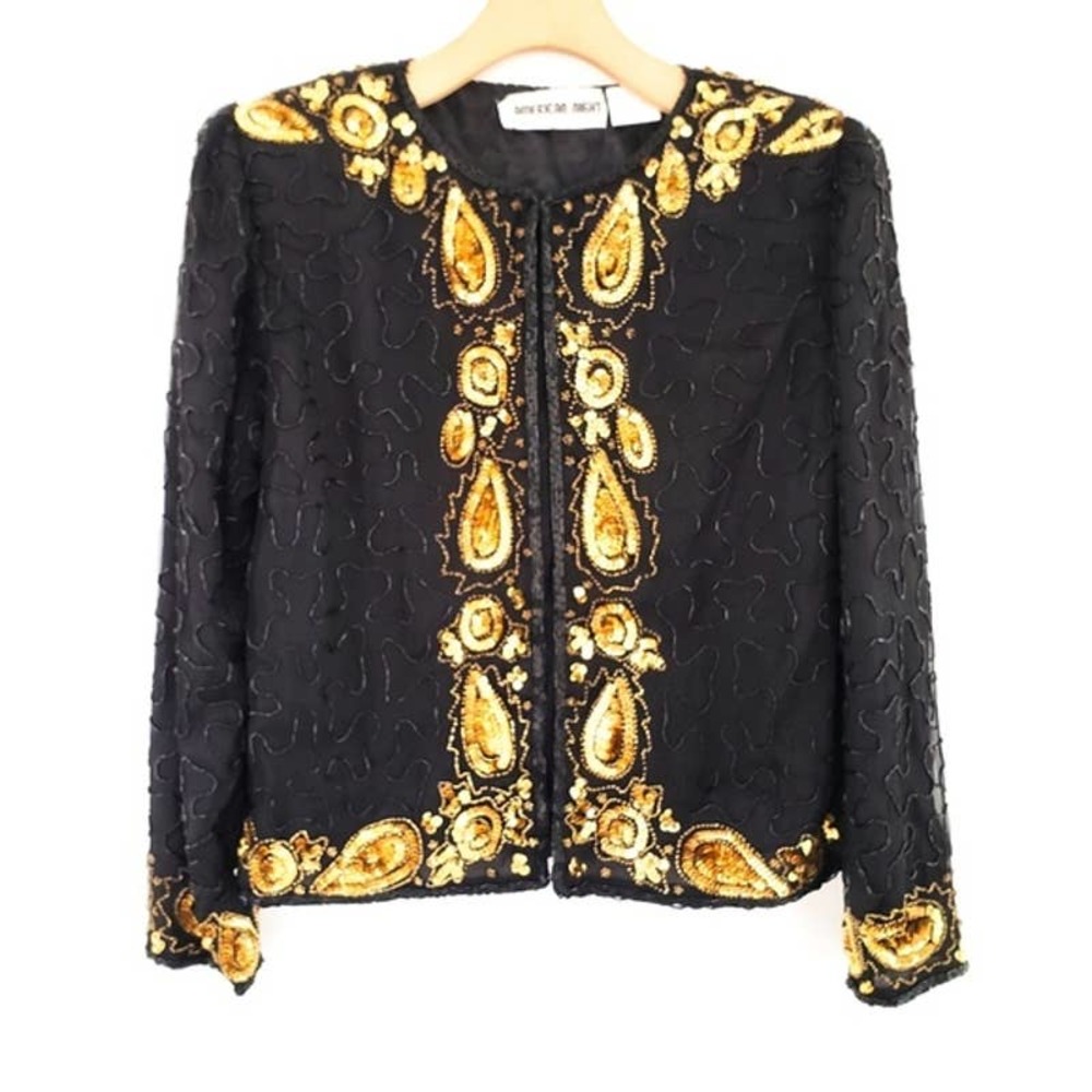 VTG 80s Sequin Embellished Jacket Silk Beaded Black Gold American Night Petite